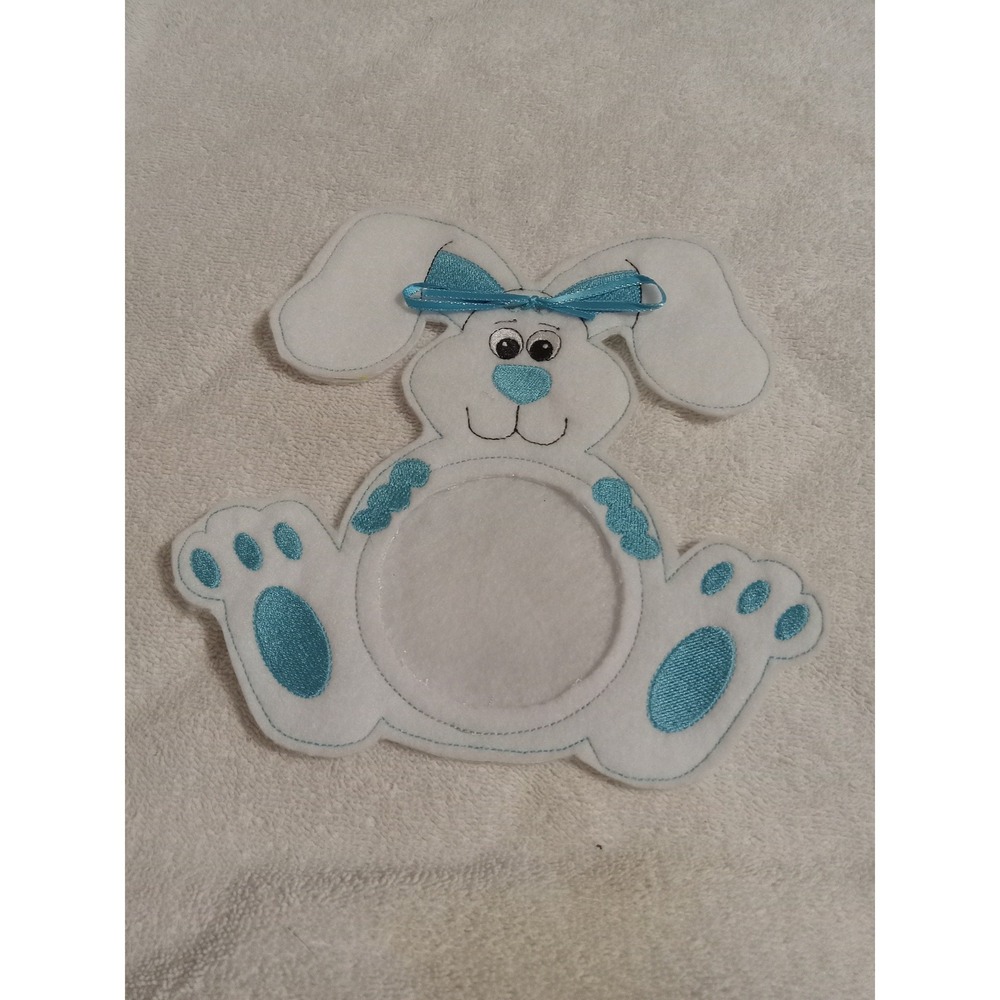 White Easter Bunny Applique Embellishment Blue Bow‎ Ears Sitting Felt Craft